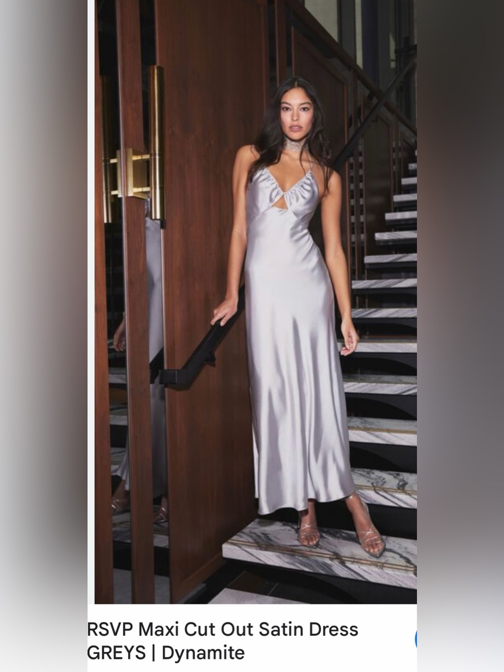 Dynamite Silver Satin Maxi Dress with Front Cut-Out